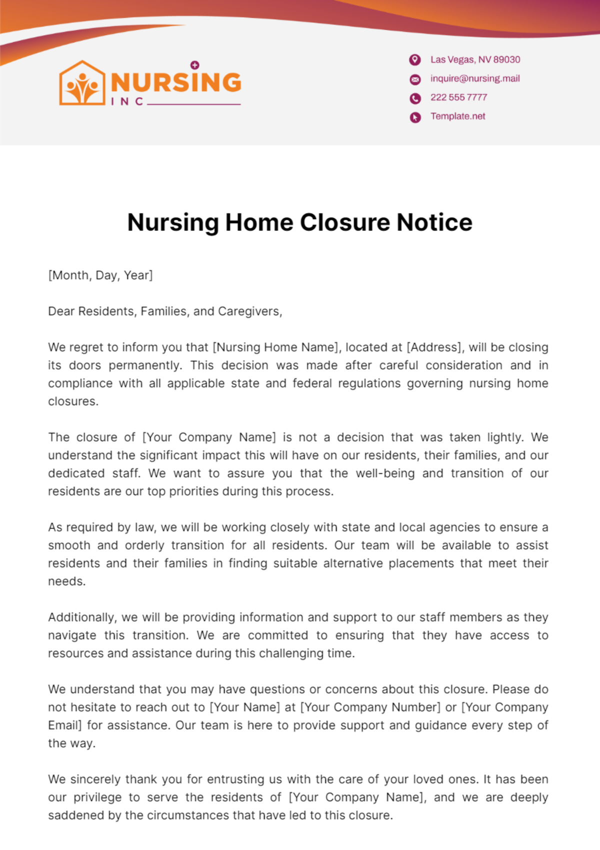 Nursing Home Closure Notice Template