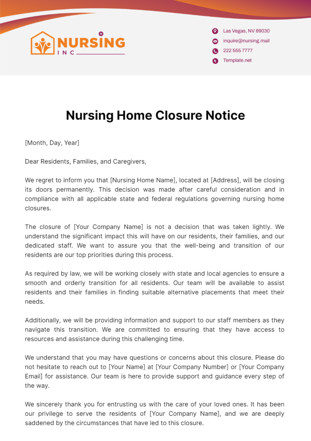 Nursing Home Closure Notice Template - Edit Online & Download