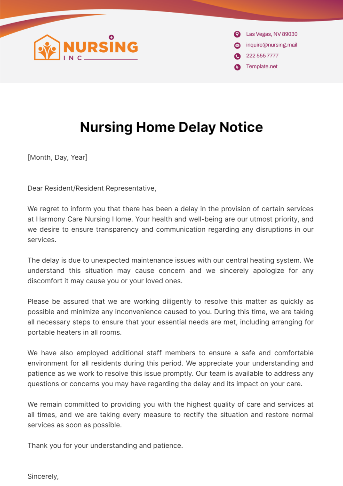 Nursing Home Delay Notice Template