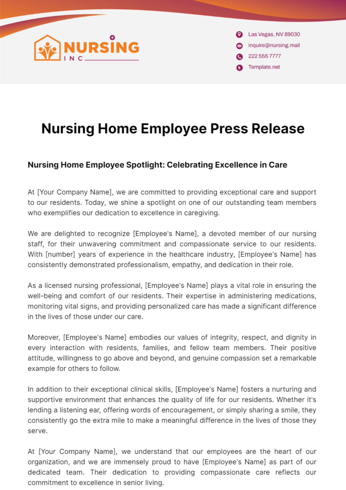 Nursing Home Employee Press Release Template