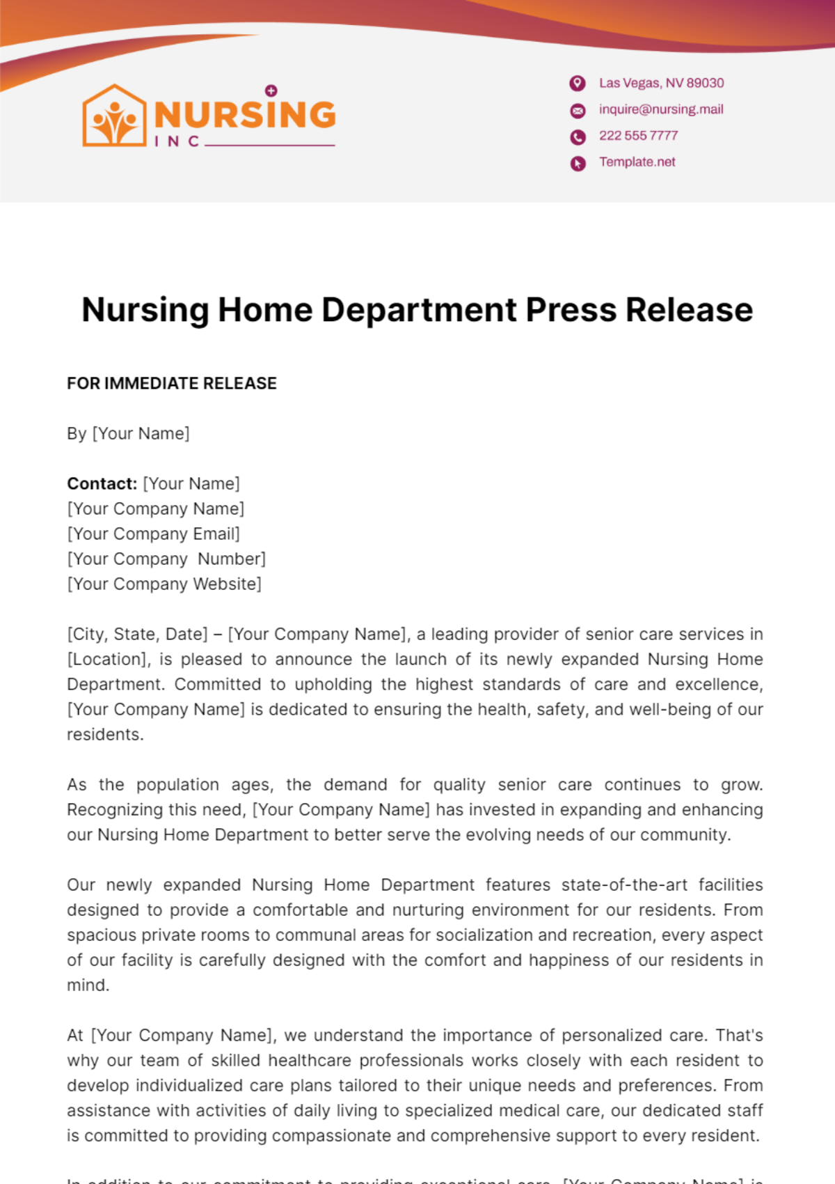 Nursing Home Department Press Release Template