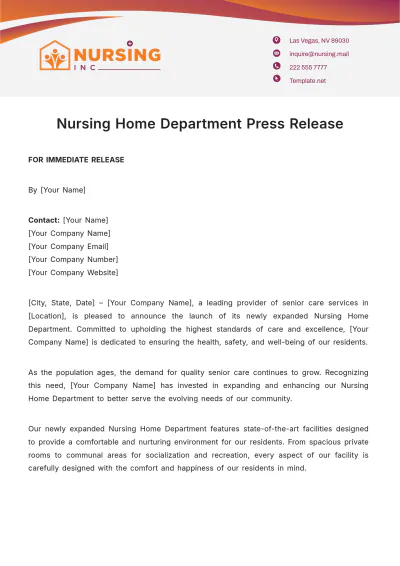 Free Nursing Home Department Press Release Template to Edit Online