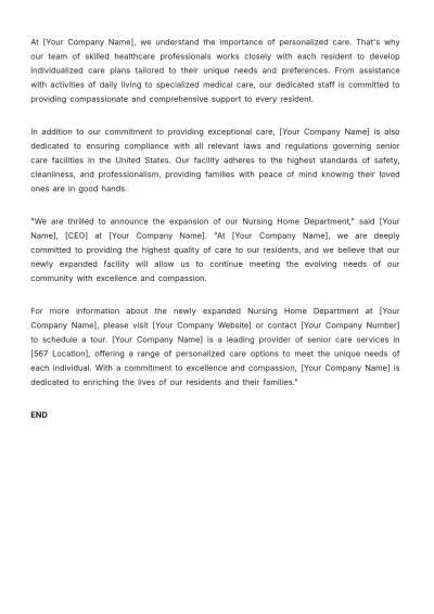 Free Nursing Home Department Press Release Template to Edit Online