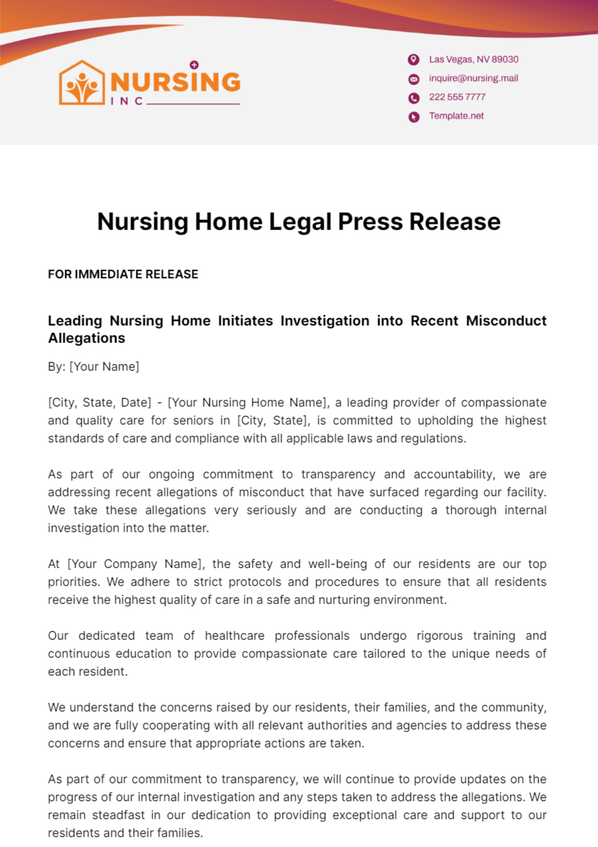 Nursing Home Legal Press Release Template
