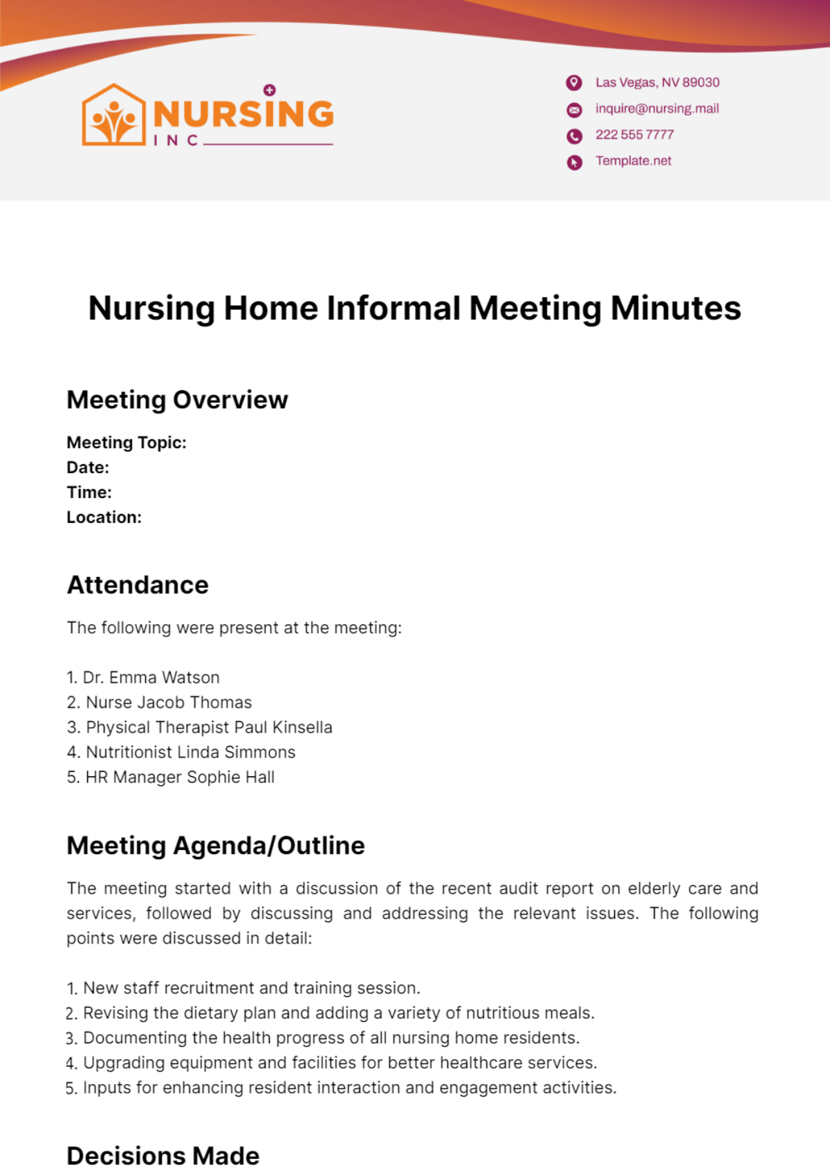 Nursing Home Informal Meeting Minutes Template