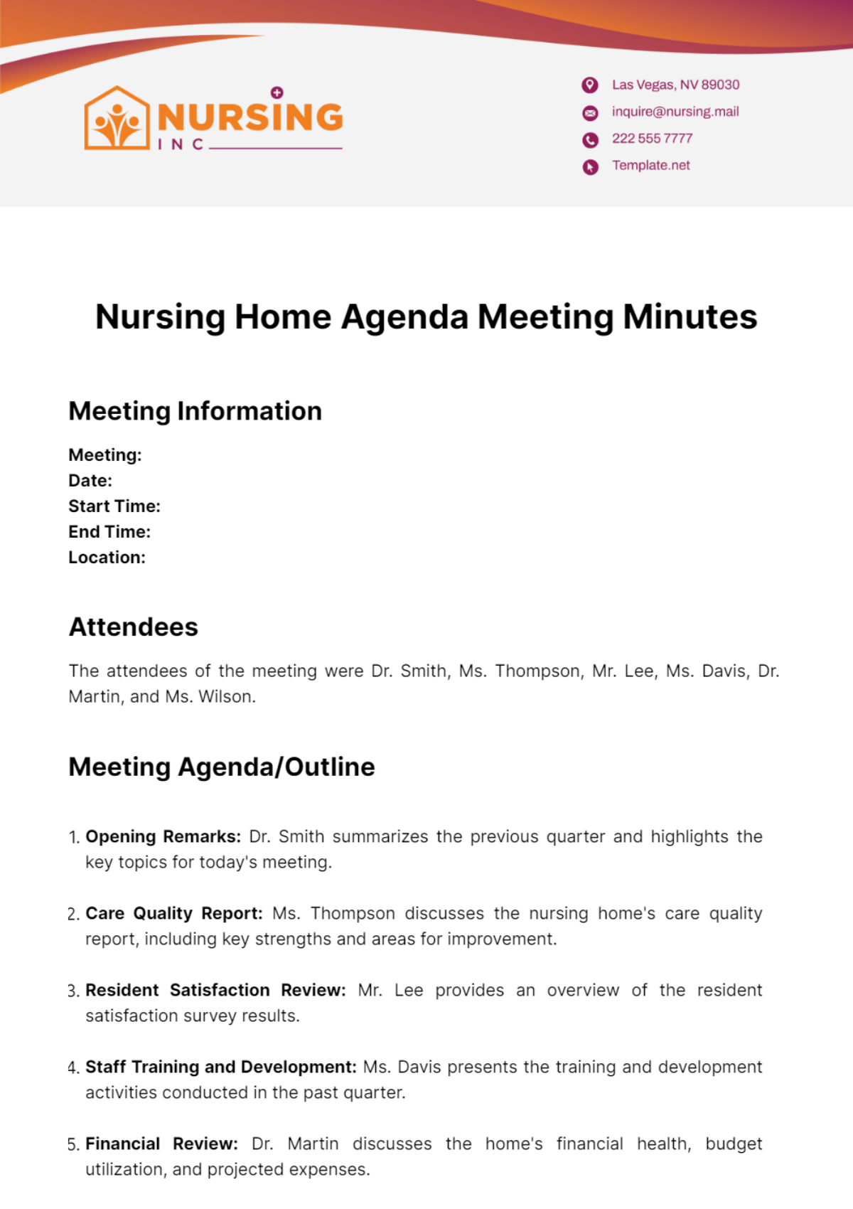 Nursing Home Agenda Meeting Minutes Template