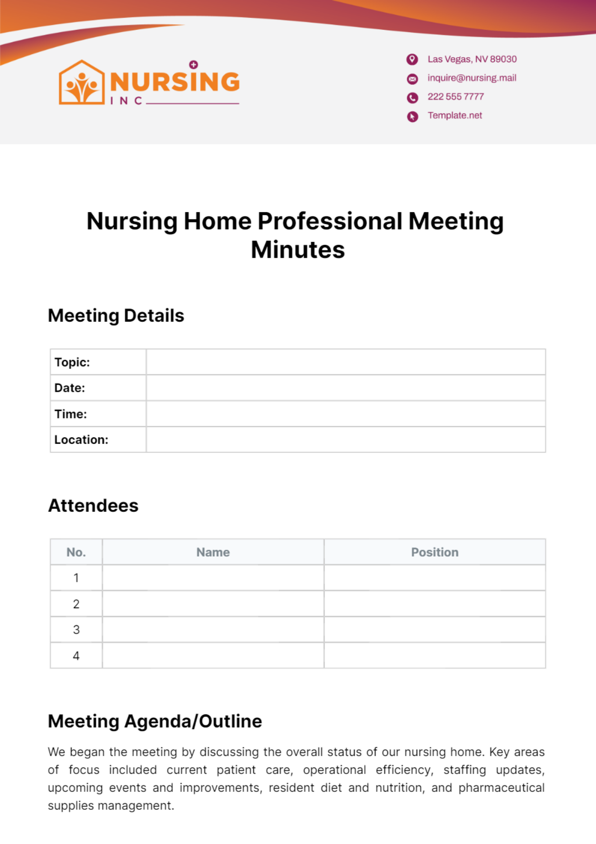 Nursing Home Professional Meeting Minutes Template