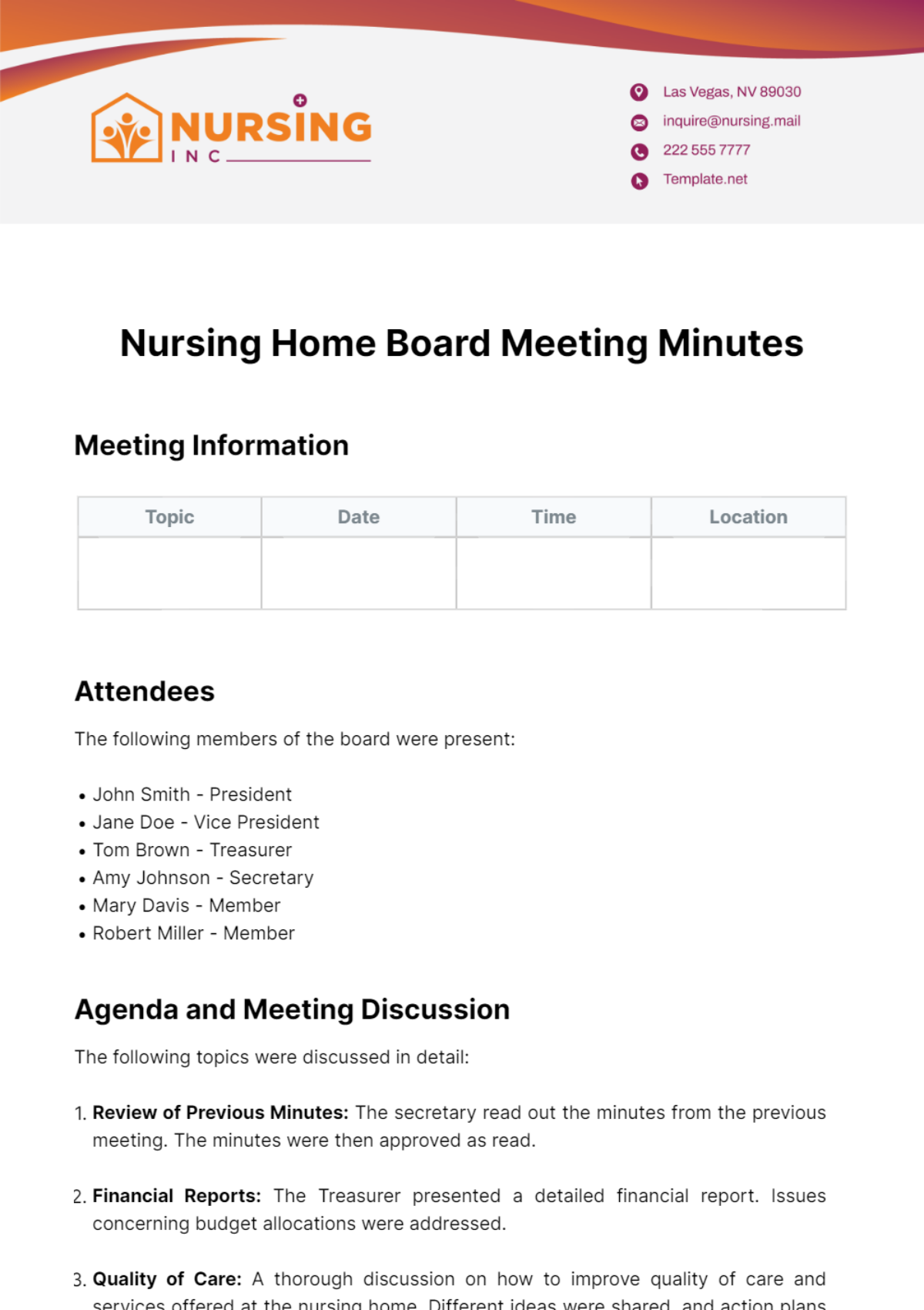 Nursing Home Board Meeting Minutes Template