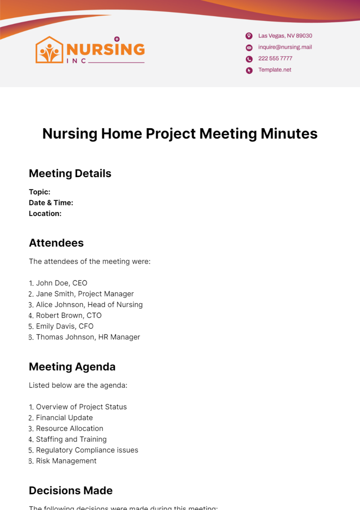 Nursing Home Project Meeting Minutes Template