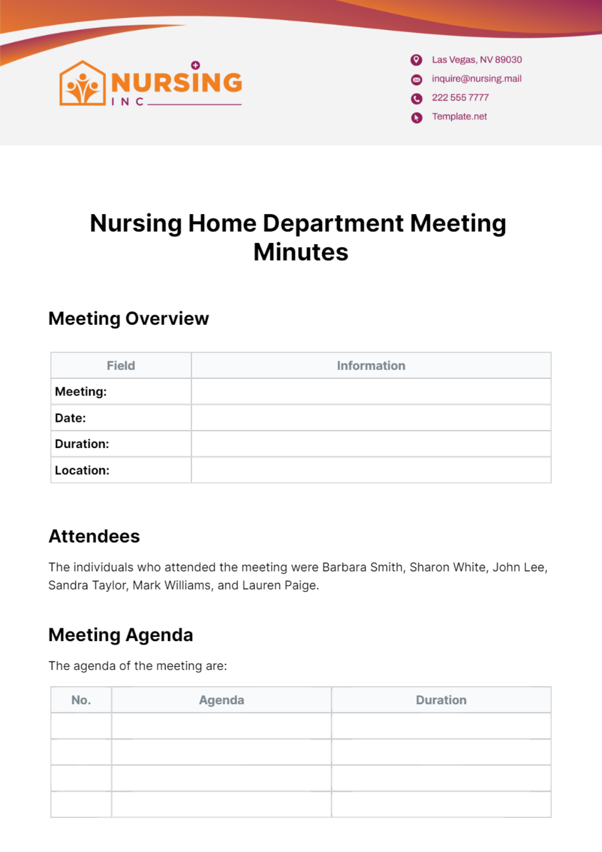 Nursing Home Department Meeting Minutes Template