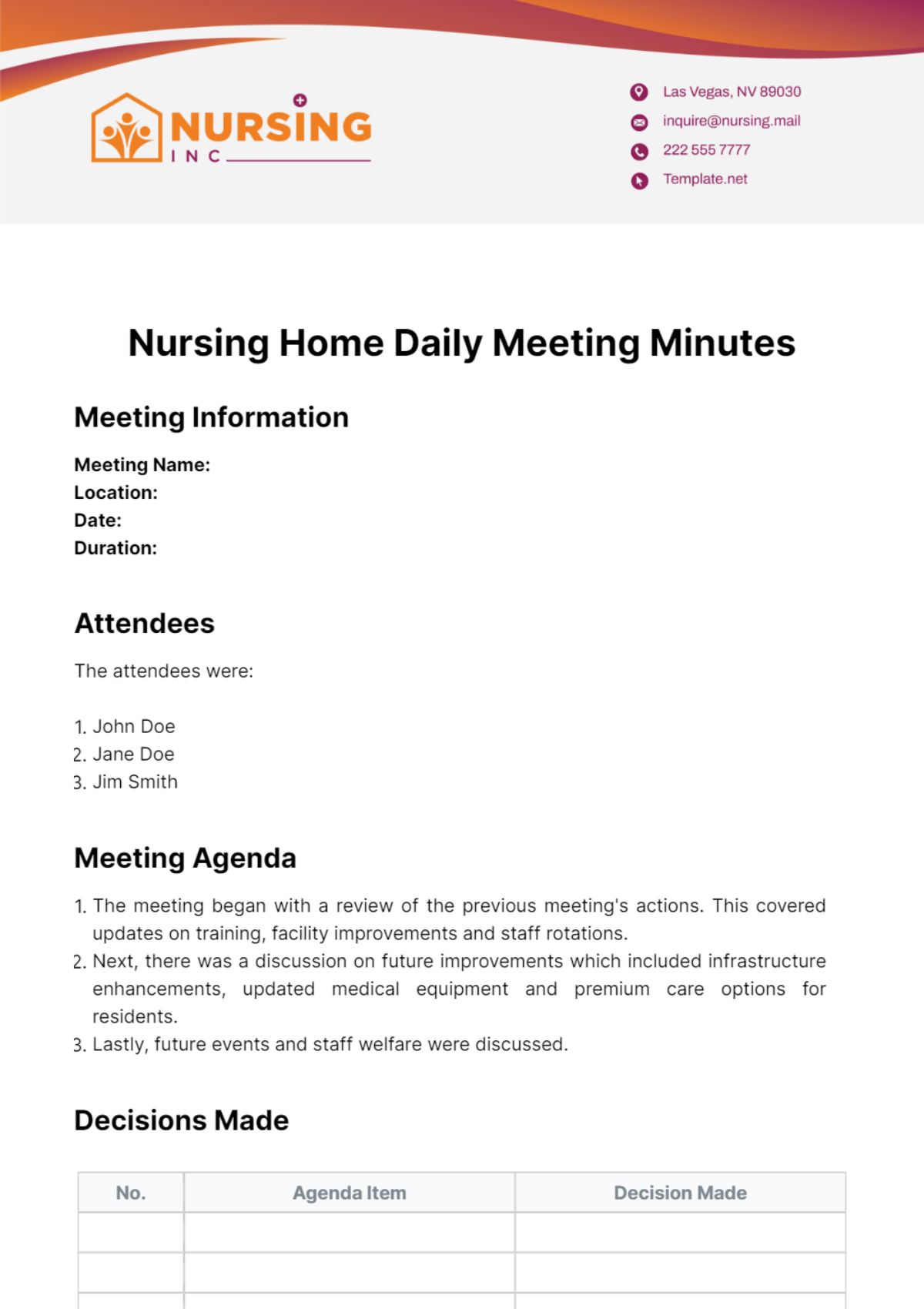 Nursing Home Daily Meeting Minutes Template