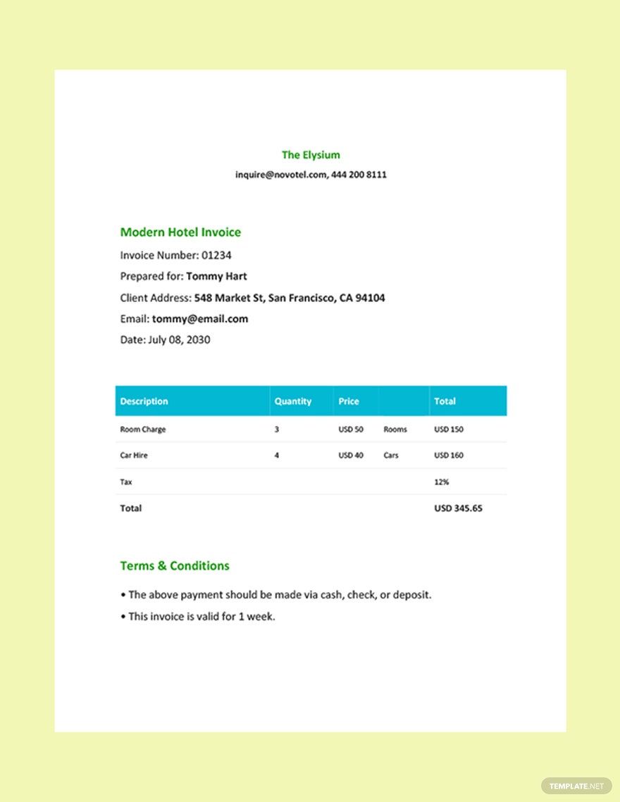 Free Modern Hotel Invoice Template in Word, Google Docs, Google Sheets, Illustrator, PSD, Apple Pages