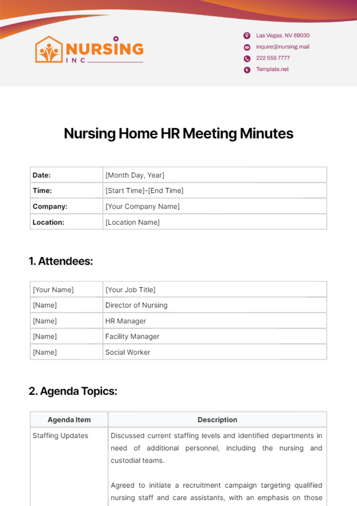Nursing Home HR Meeting Minutes Template