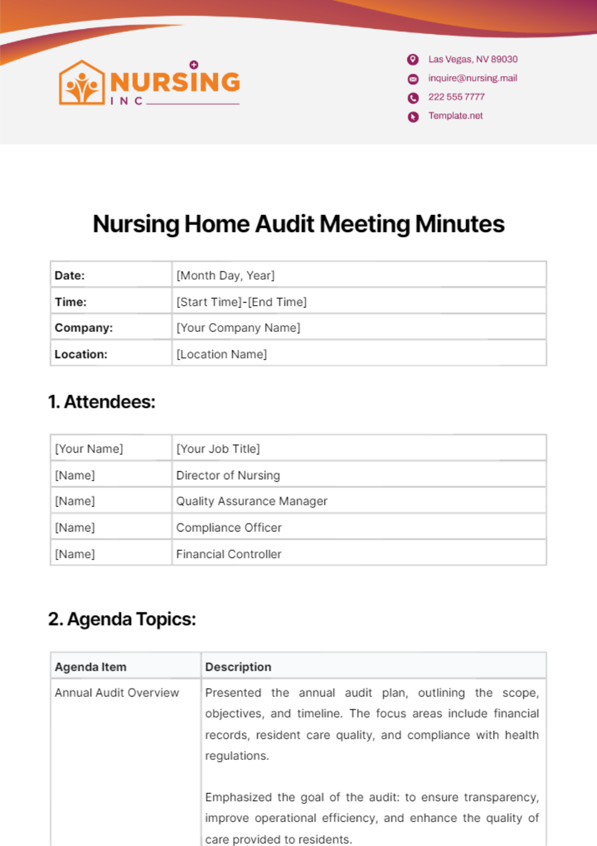 Nursing Home Audit Meeting Minutes Template