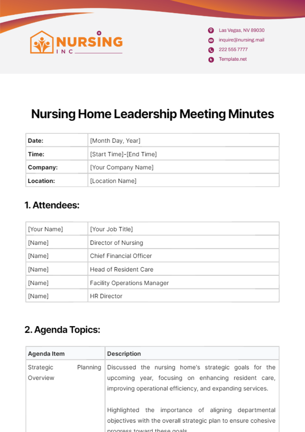 Nursing Home Leadership Meeting Minutes Template