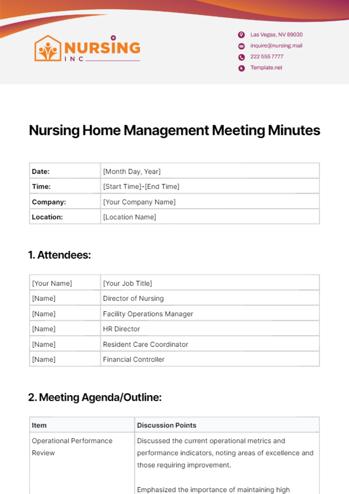 Nursing Home Management Meeting Minutes Template