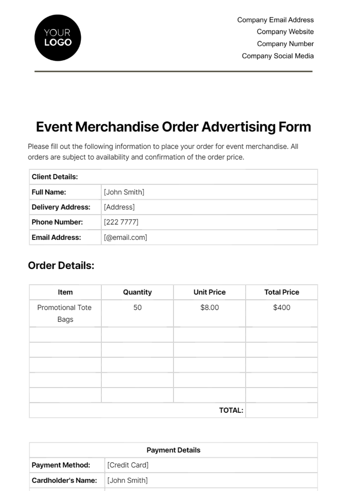 Event Merchandise Order Advertising Form Template