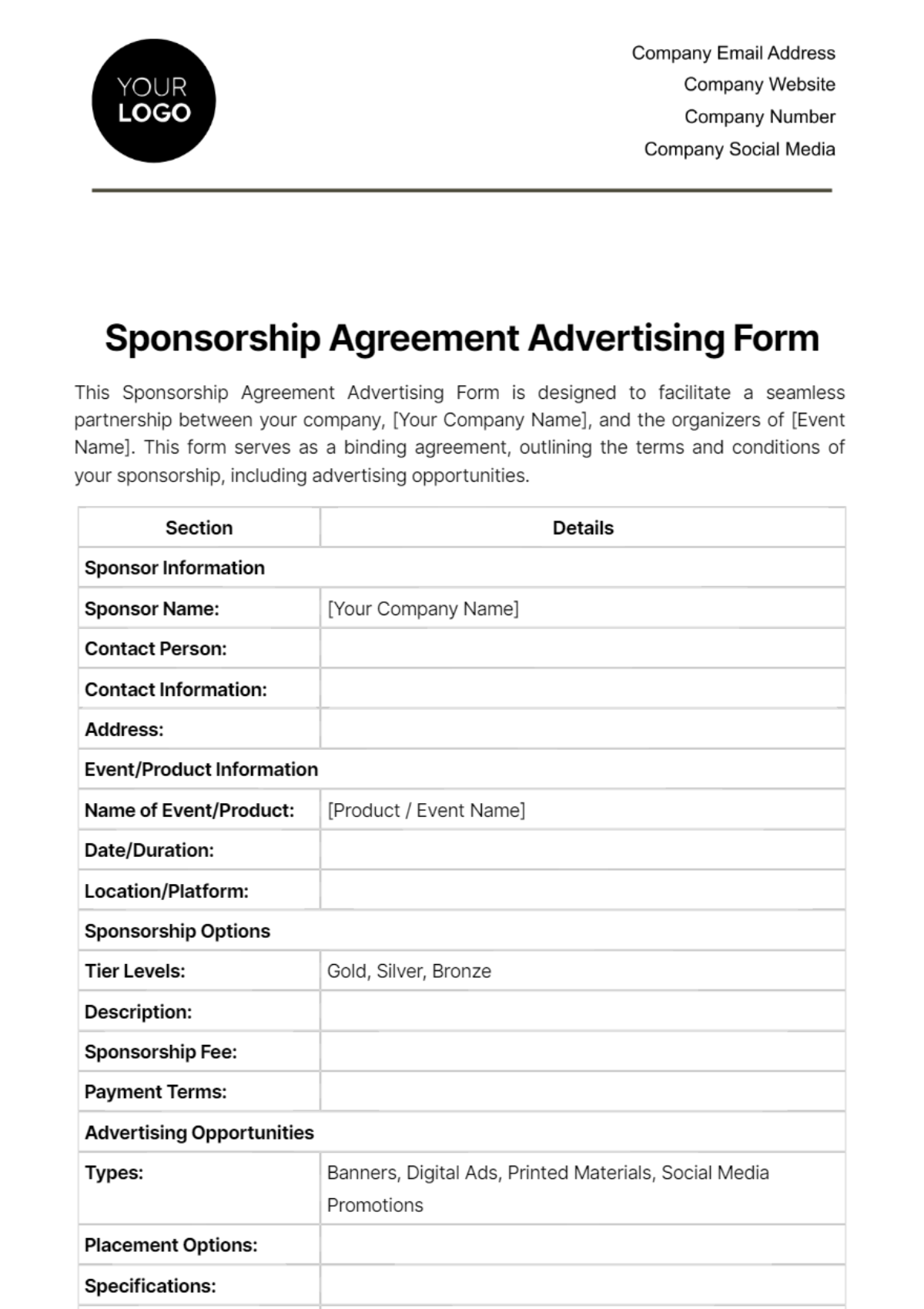 Sponsorship Agreement Advertising Form Template