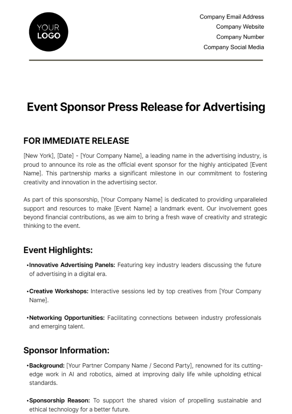Event Sponsor Press Release for Advertising Template