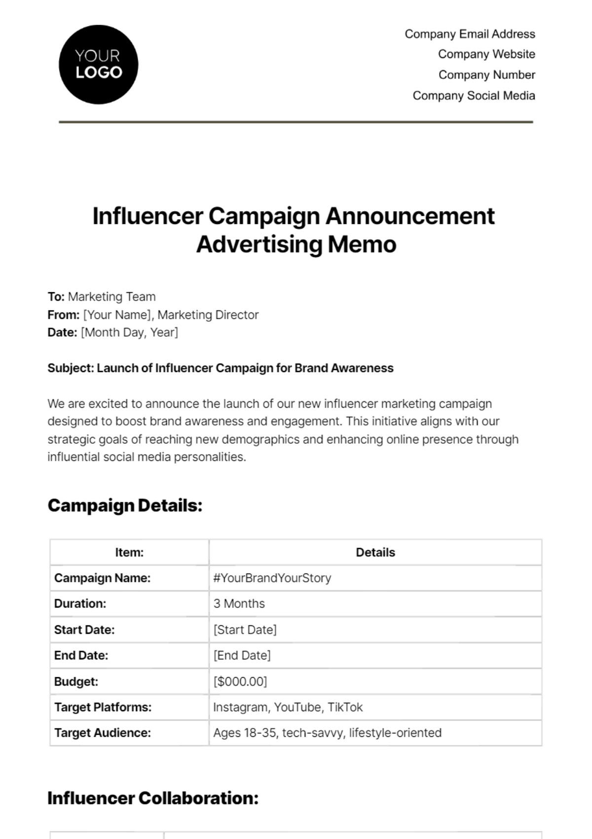 Influencer Campaign Announcement Advertising Memo Template