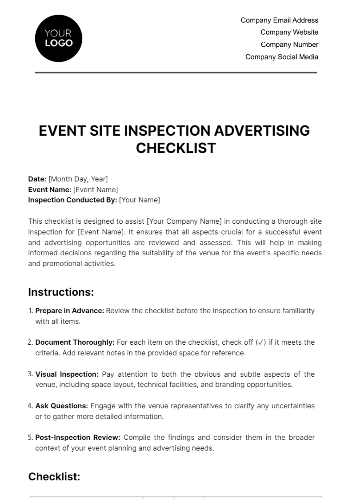 Free Event Site Inspection Advertising Checklist Template