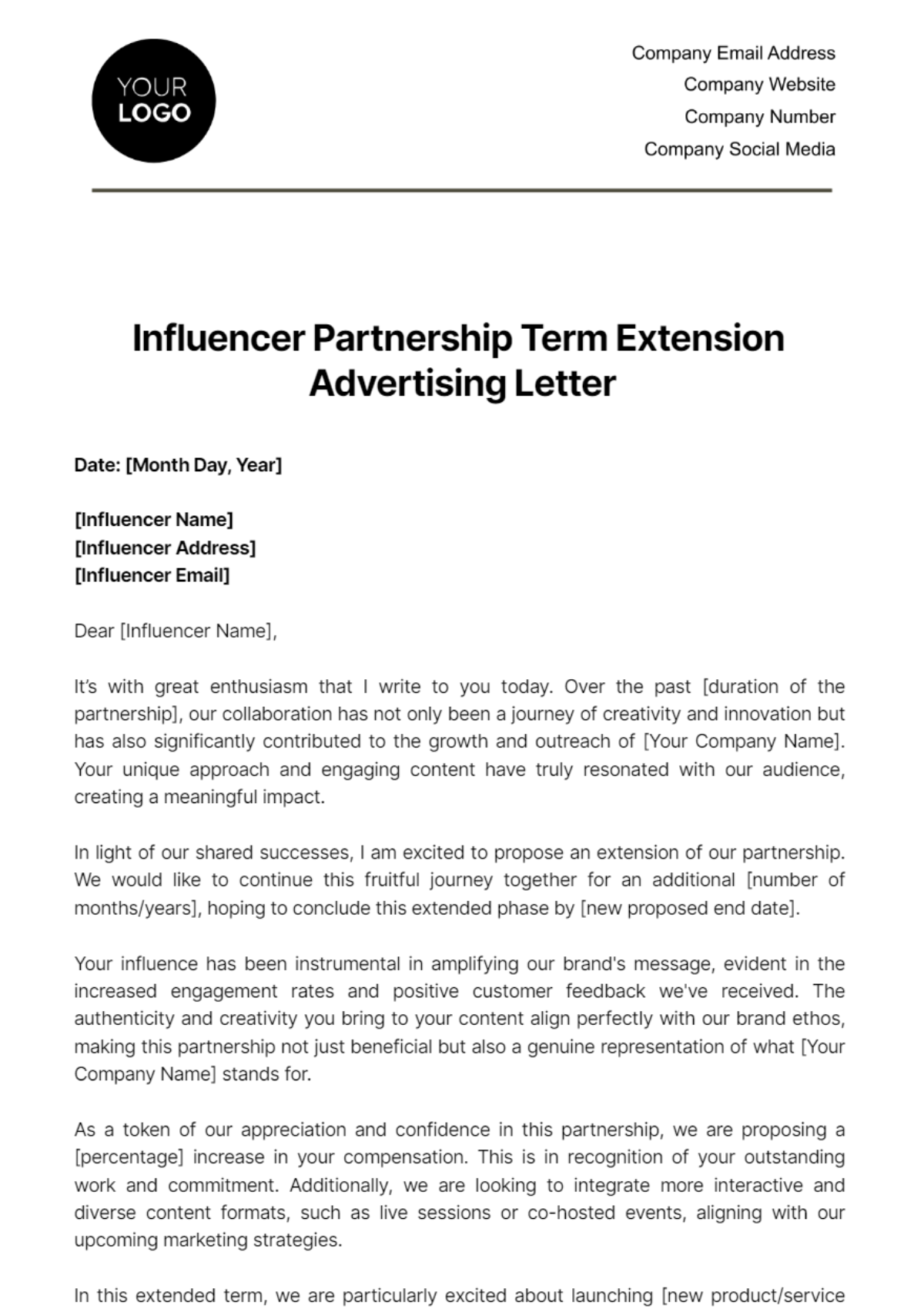 Free Influencer Partnership Term Extension Advertising Letter Template