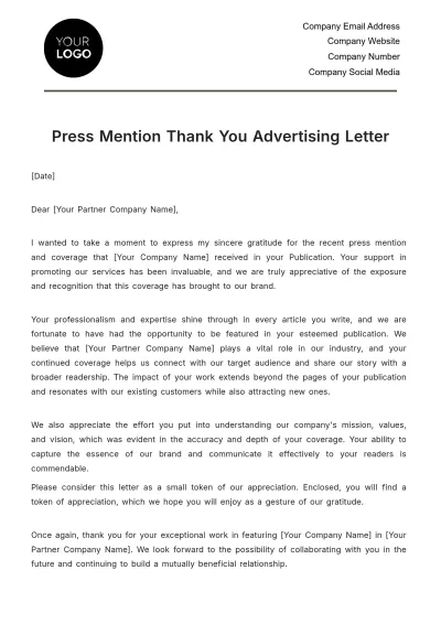 Free Press Mention Thank You Advertising Letter Template to Edit Online