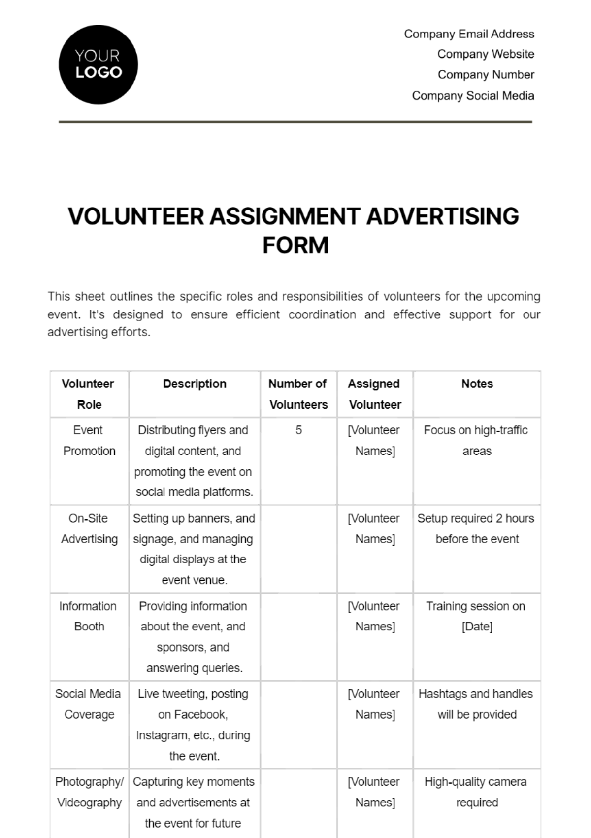 Free Volunteer Assignment Advertising Form Template