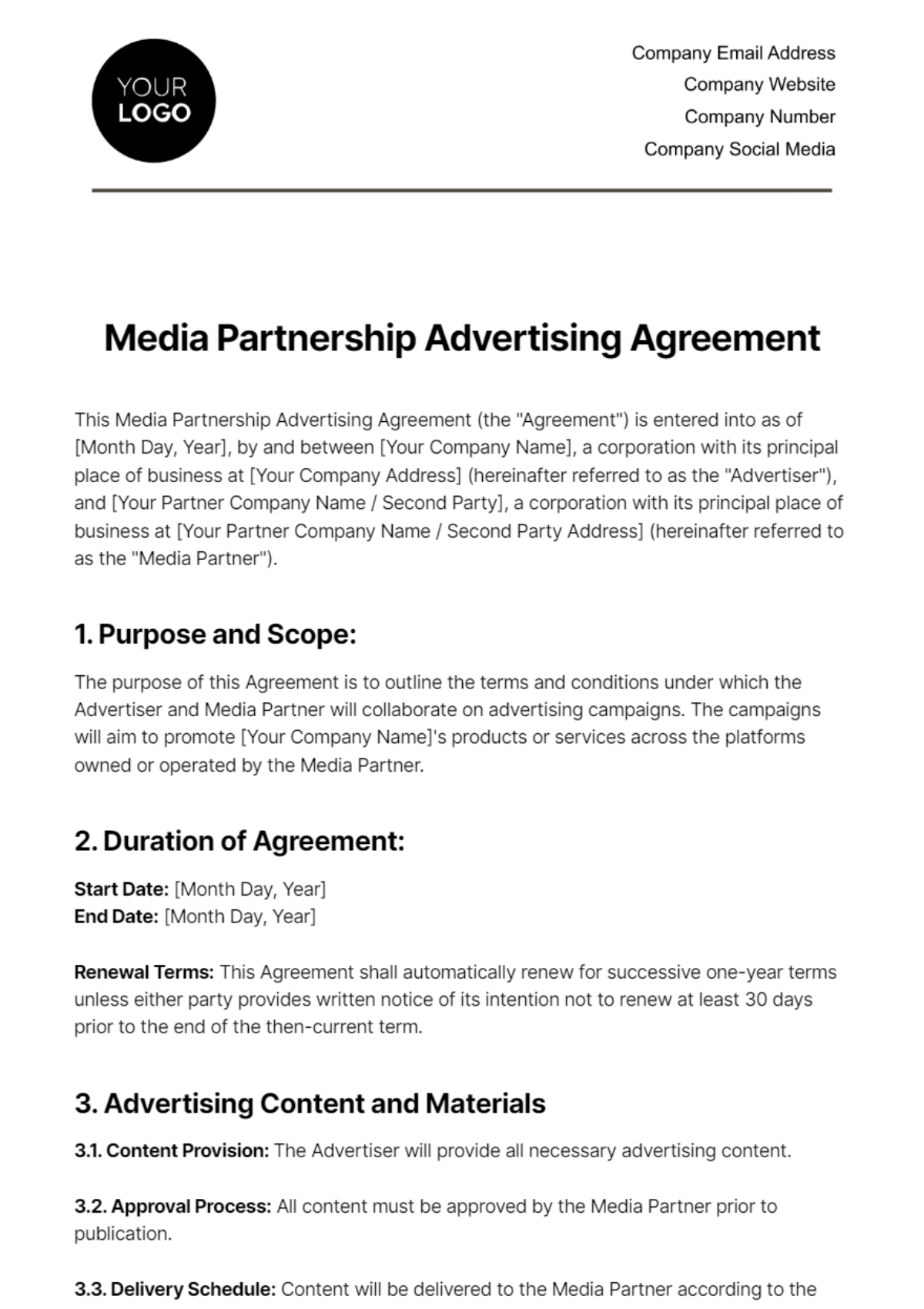 Free Media Partnership Advertising Agreement Template