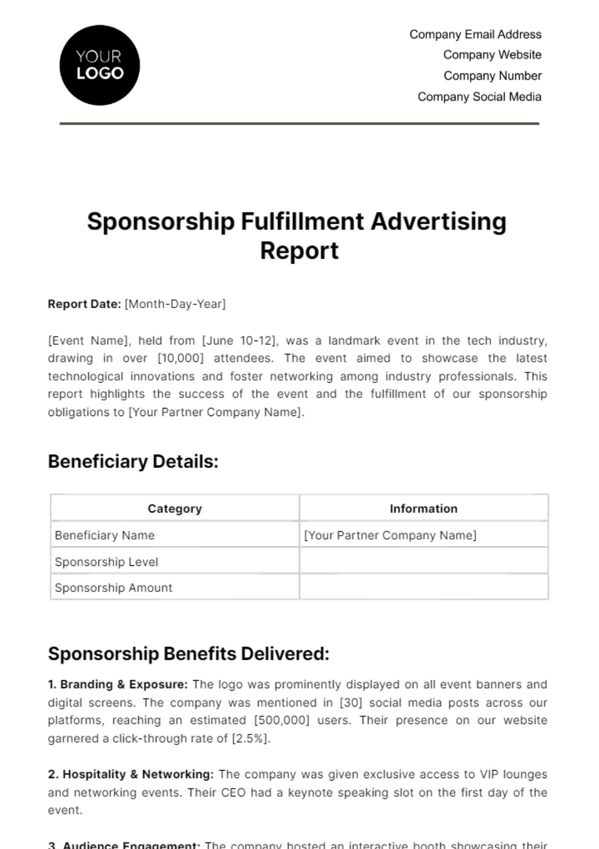 Sponsorship Fulfillment Advertising Report Template