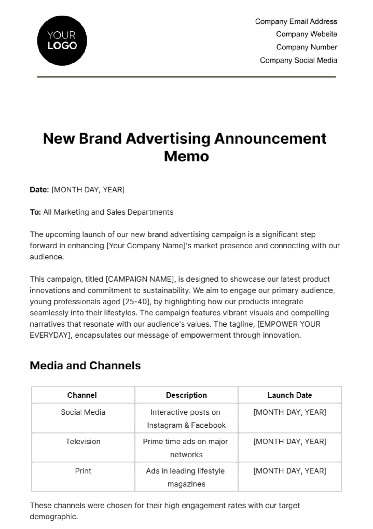 New Brand Advertising Announcement Memo Template