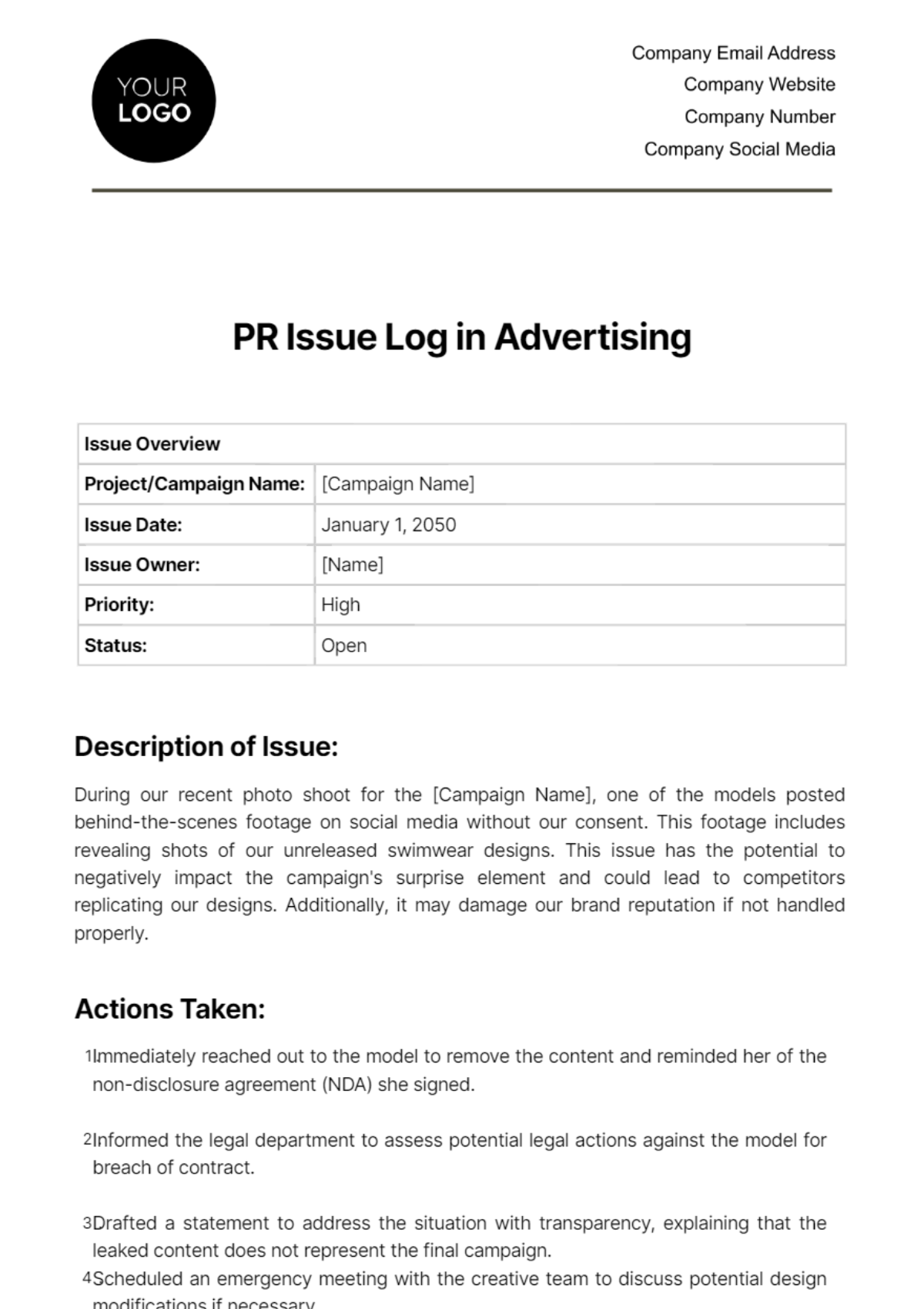 PR Issue Log in Advertising Template