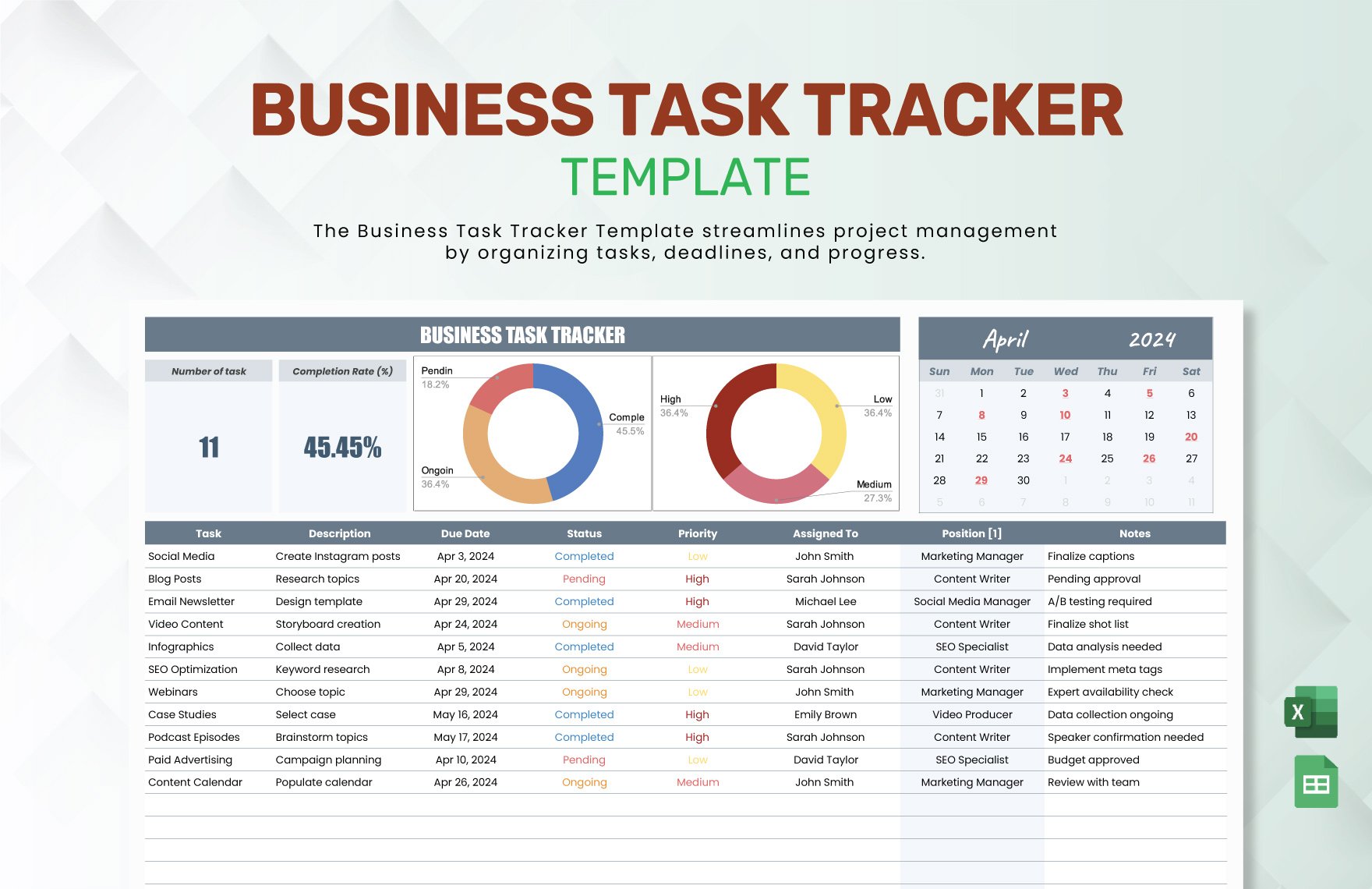 Business Task Tracker Template in Excel, Google Sheets