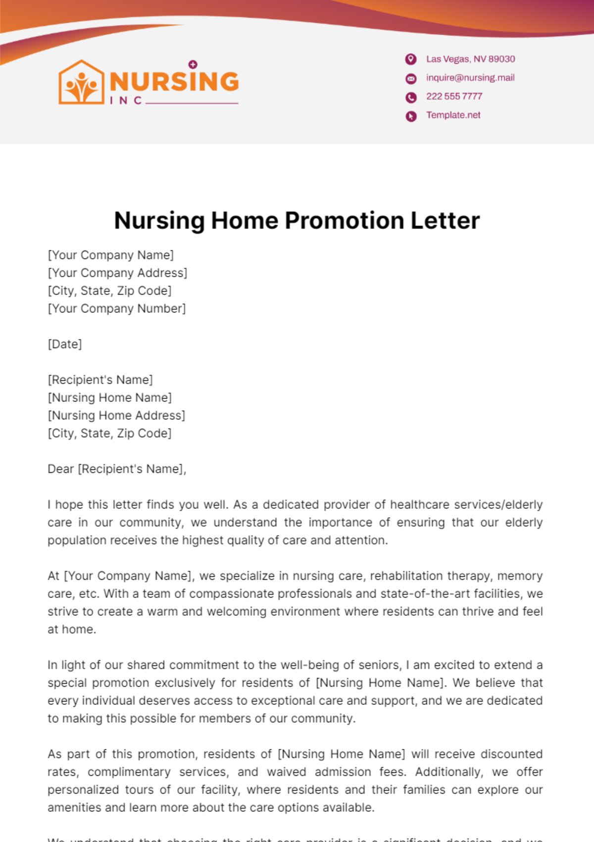 Nursing Home Promotion Letter Template