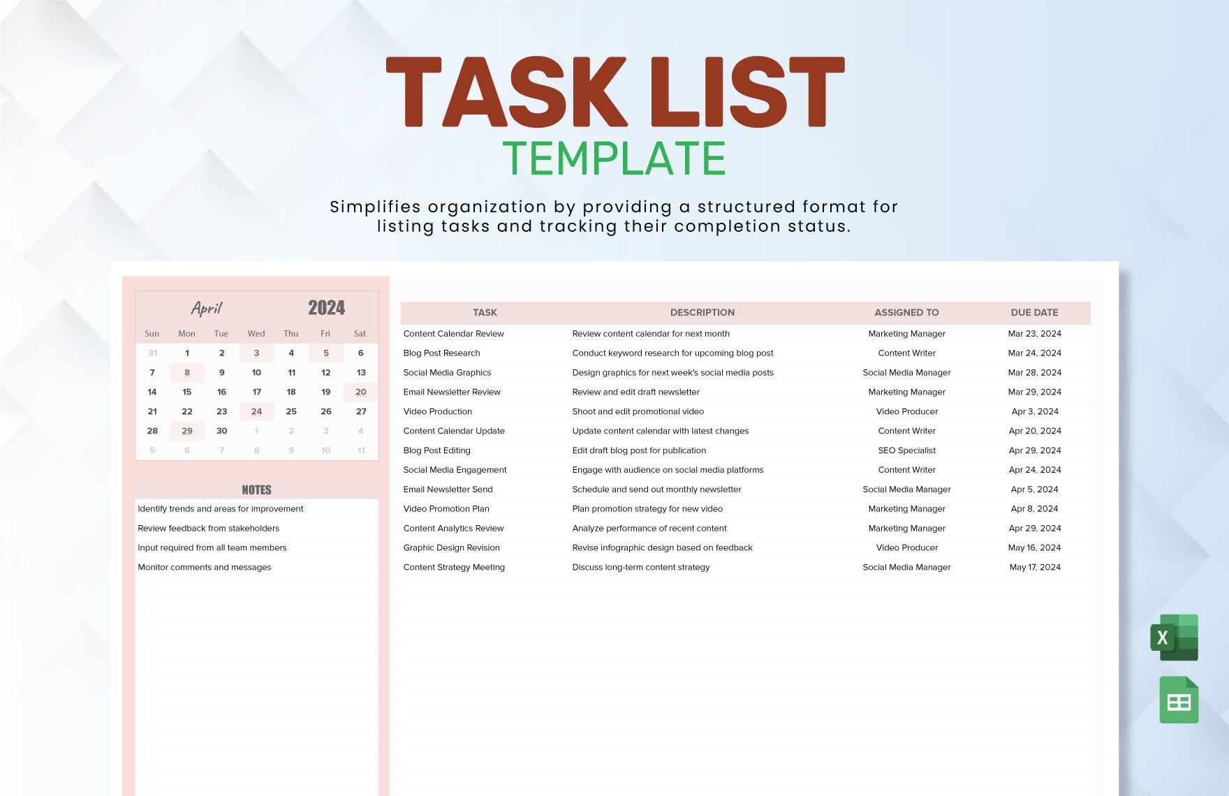 Task List Template in Excel, Google Sheets
