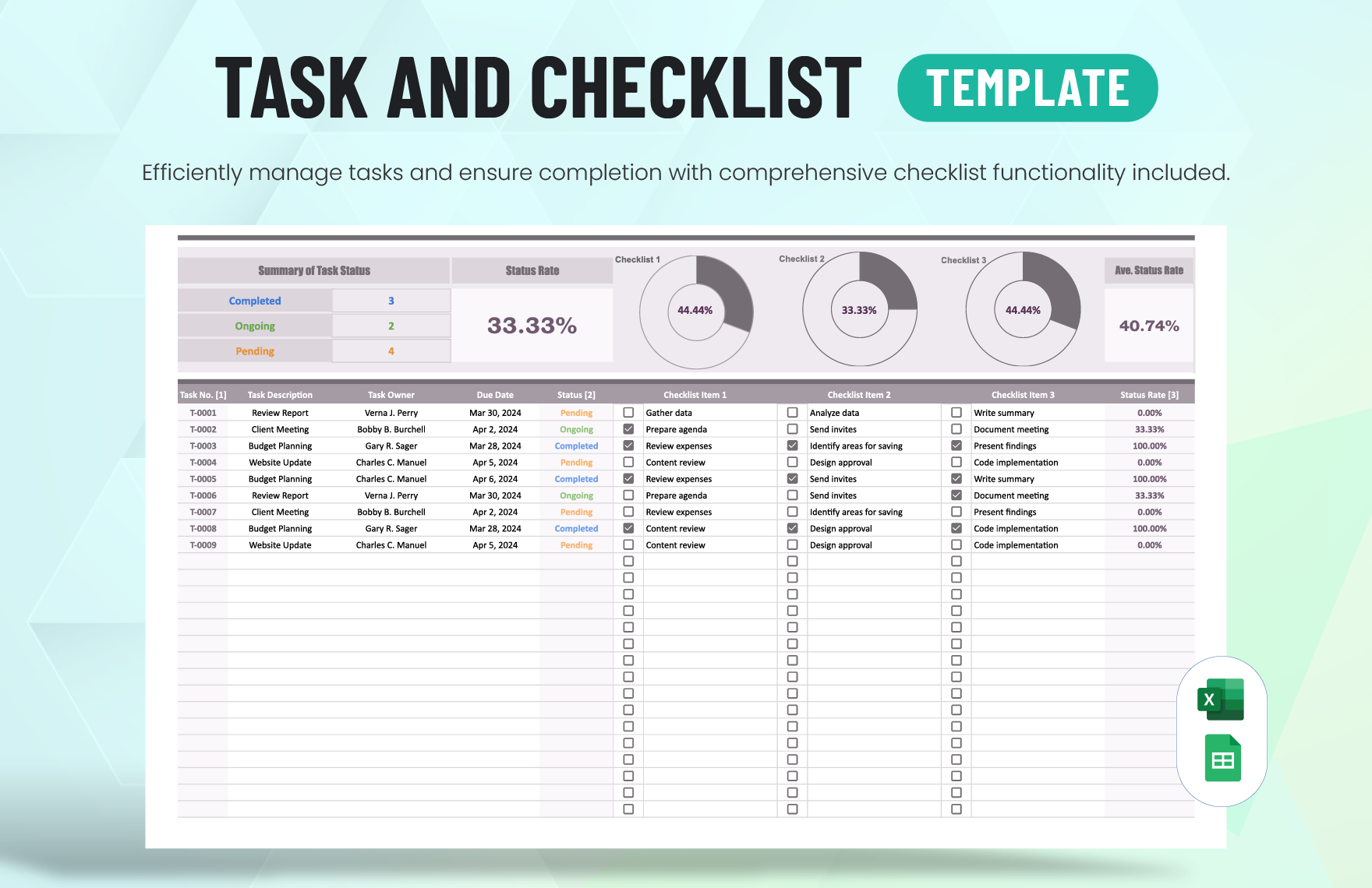 Task and Checklist Template in Excel, Google Sheets