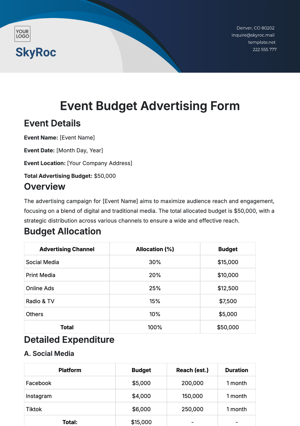 Event Budget Advertising Form Template - Edit Online & Download