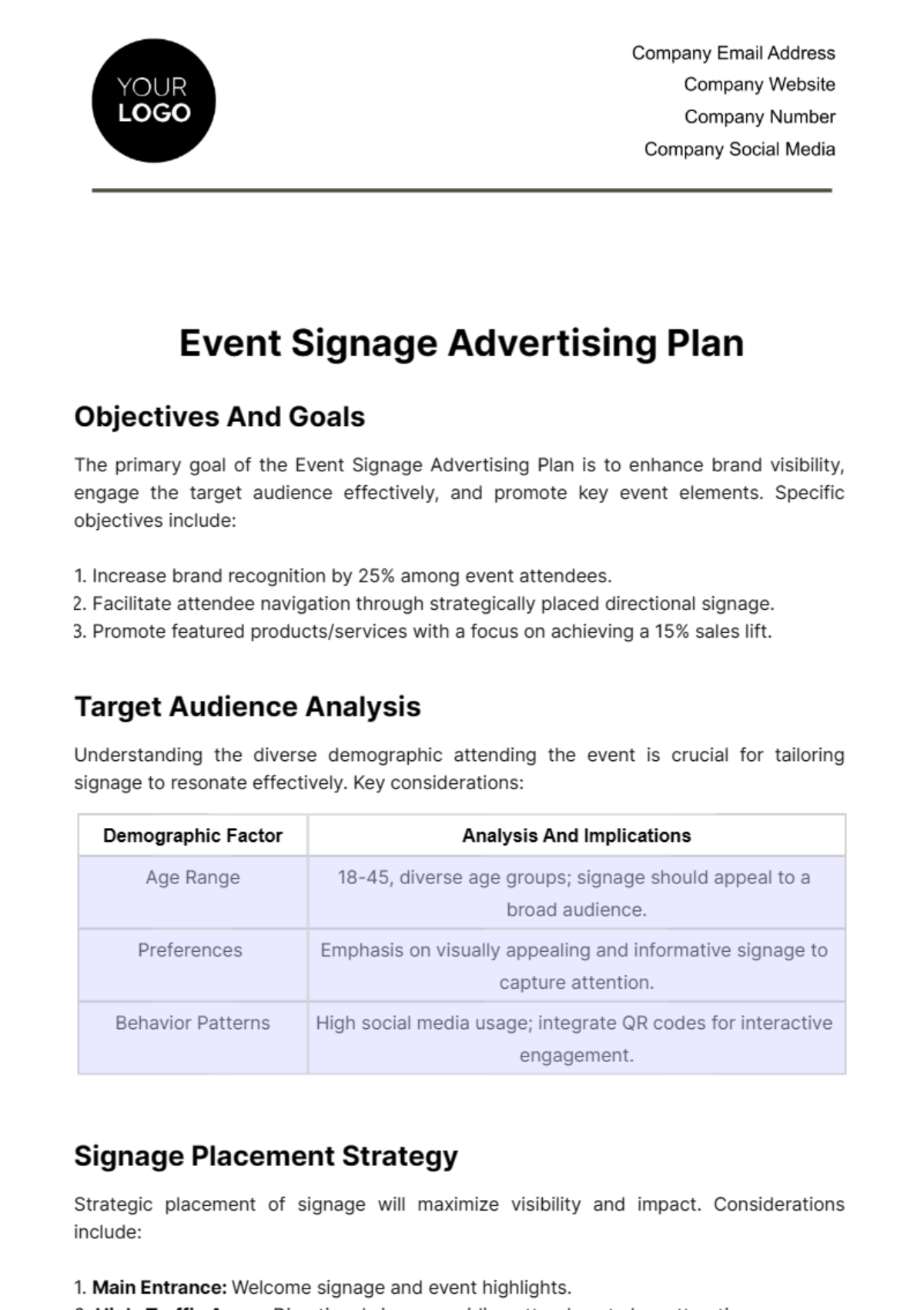 Event Signage Advertising Plan Template