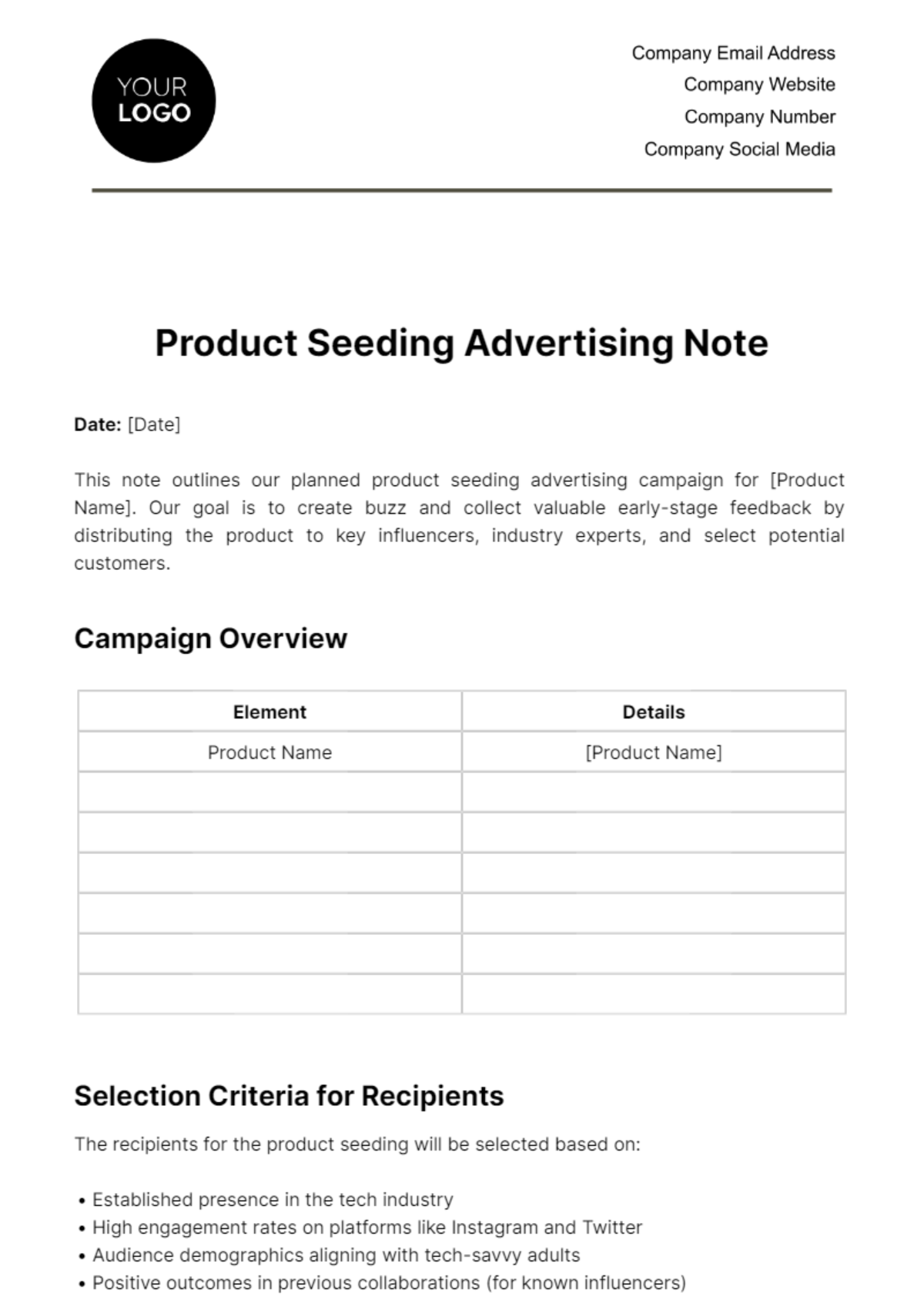 Product Seeding Advertising Note Template