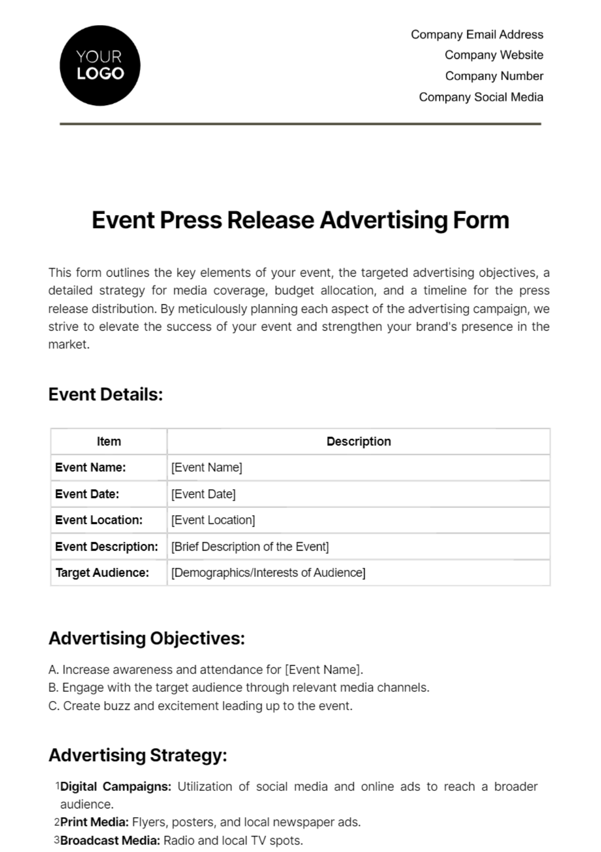 Event Press Release Advertising Form Template