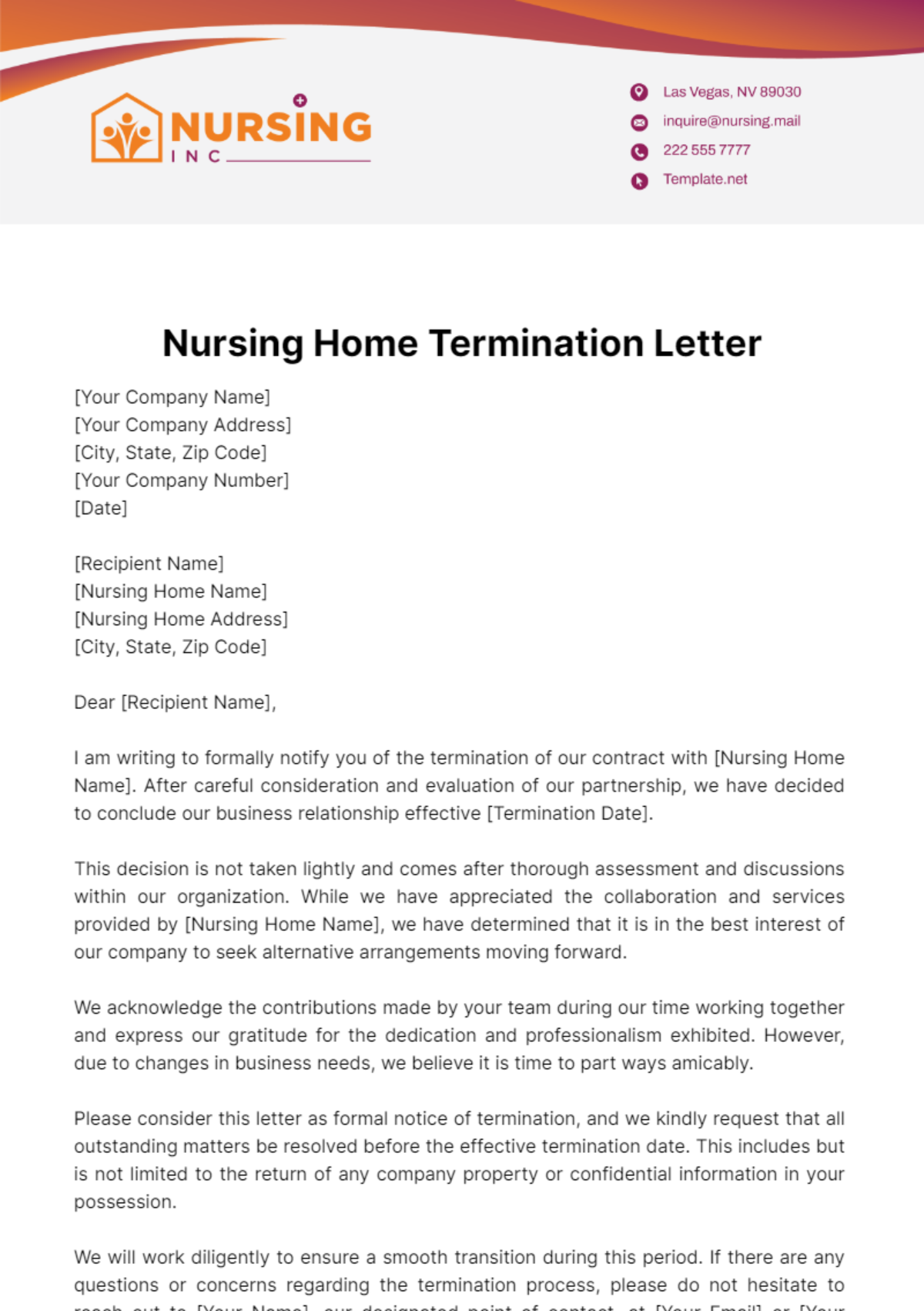 Nursing Home Termination Letter Template