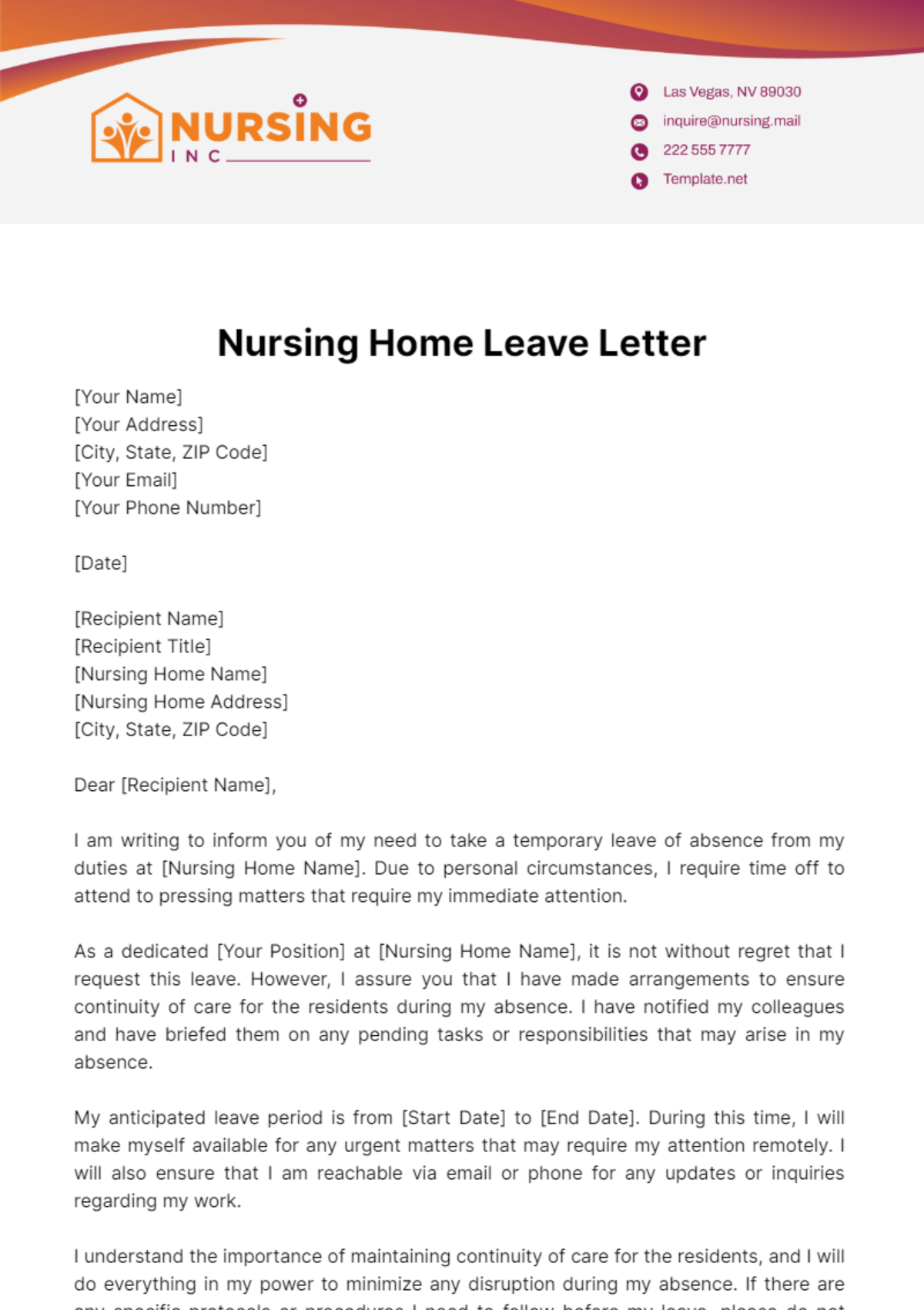 Free Nursing Home Leave Letter Template