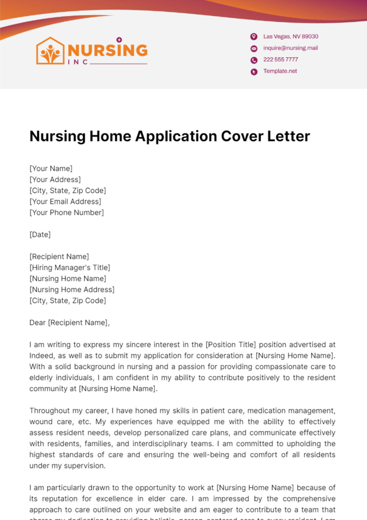 Nursing Home Application Cover Letter Template
