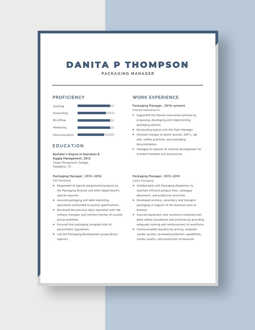 Packaging Manager Resume