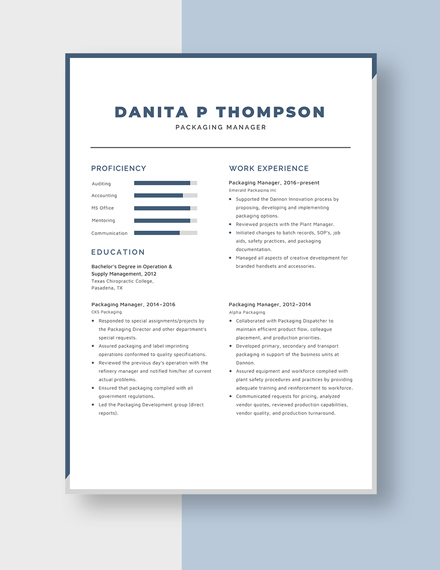 Packaging Manager Resume Template