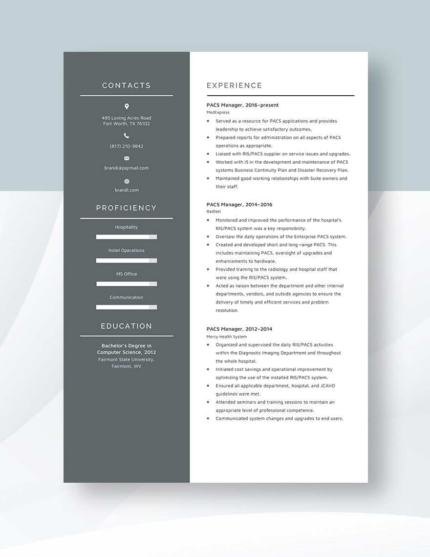 PACS Manager Resume