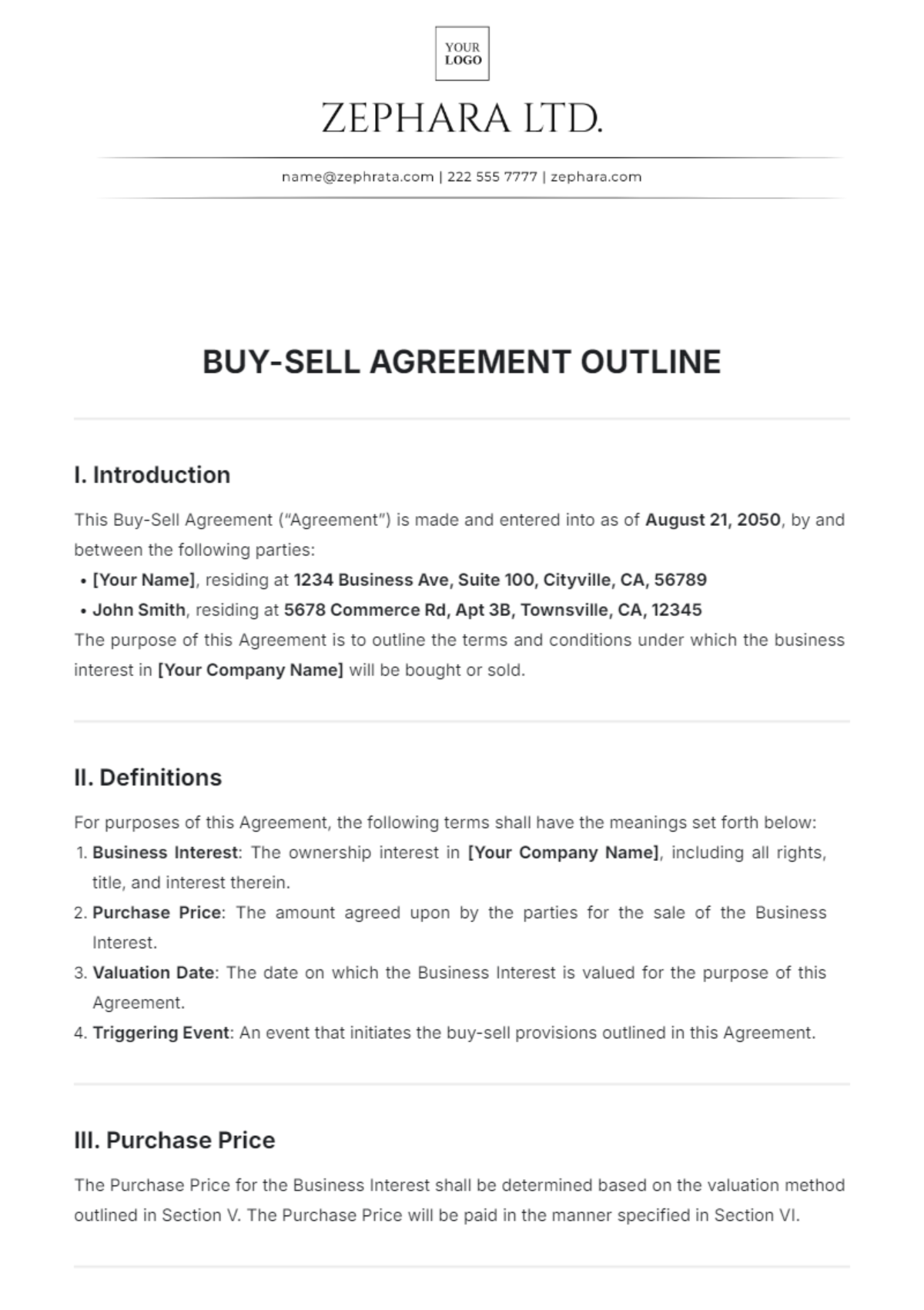 Buy-Sell Agreement Outline Template - Edit Online & Download