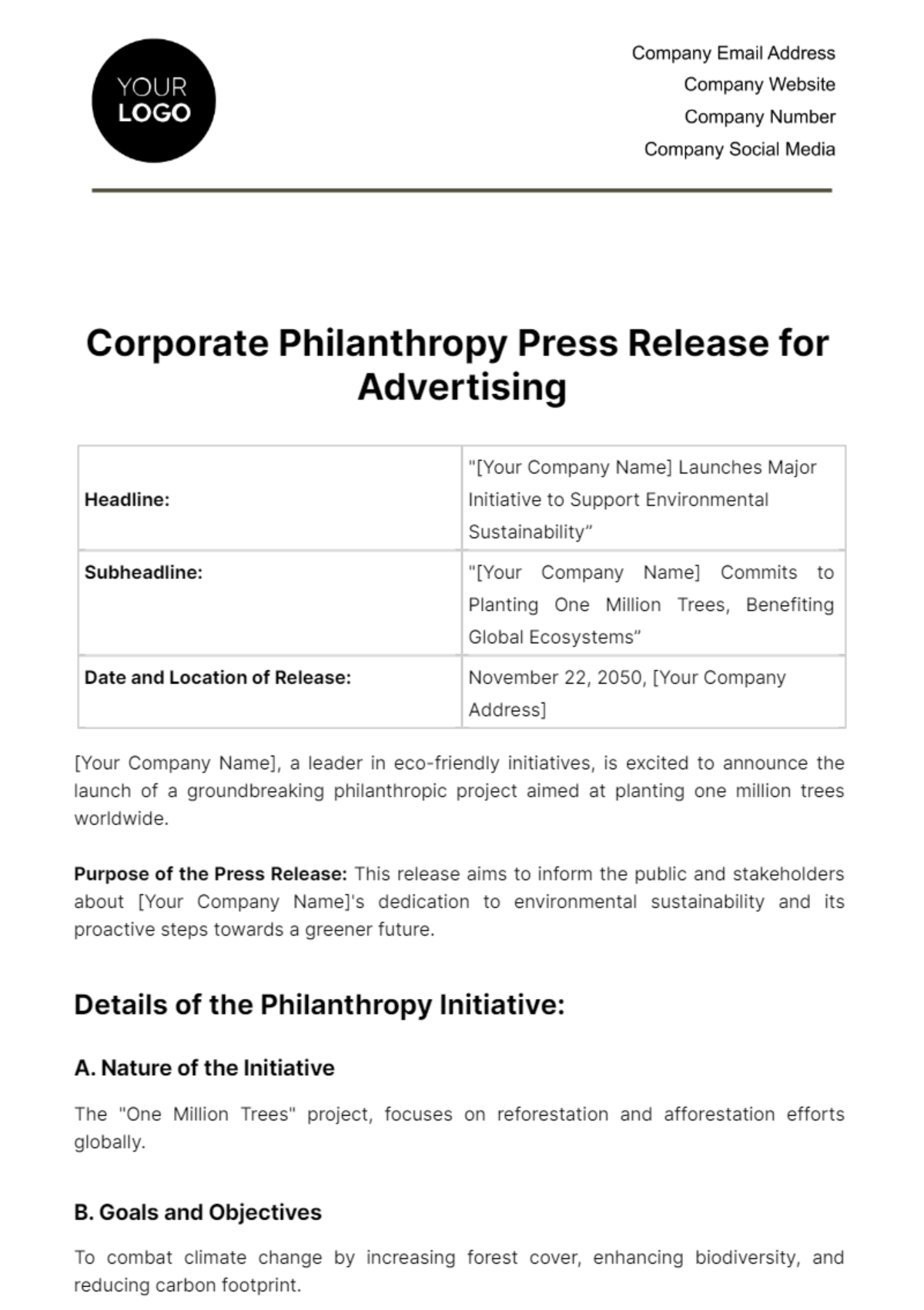 Free Corporate Philanthropy Press Release for Advertising Template