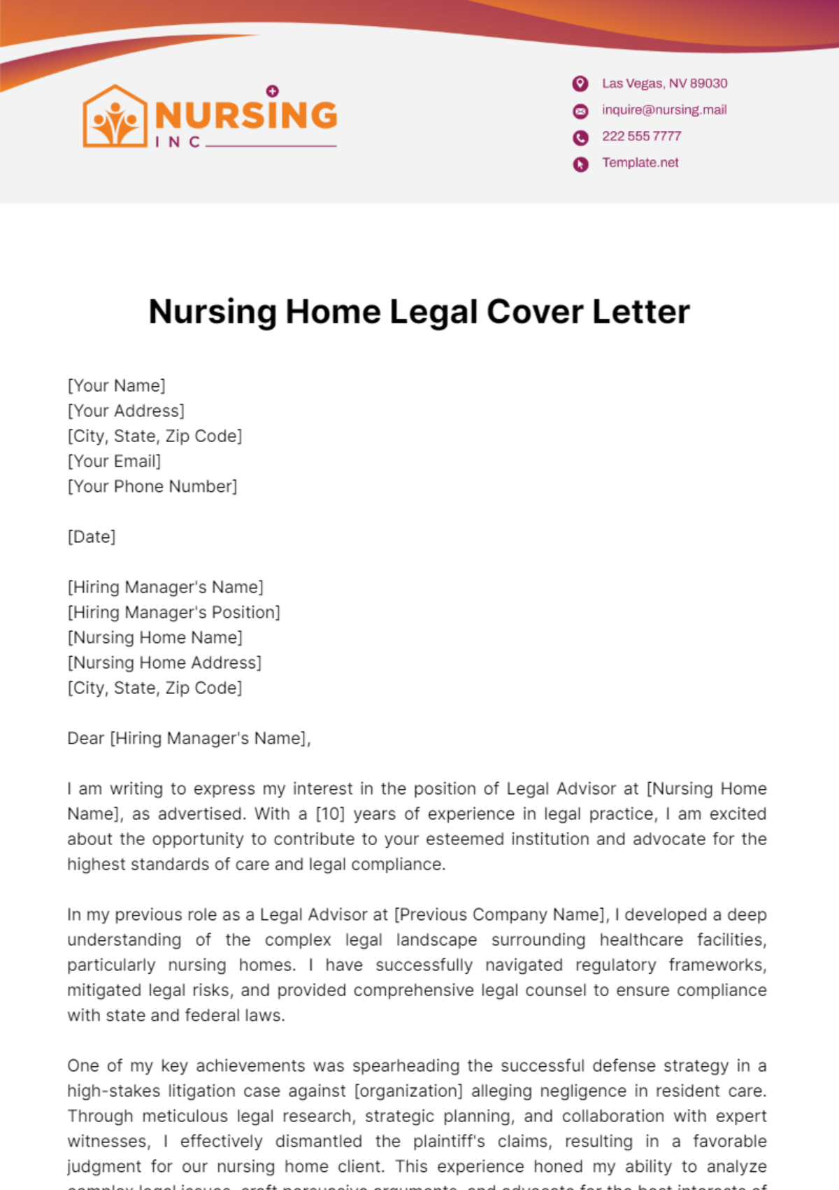 Nursing Home Legal Cover Letter Template