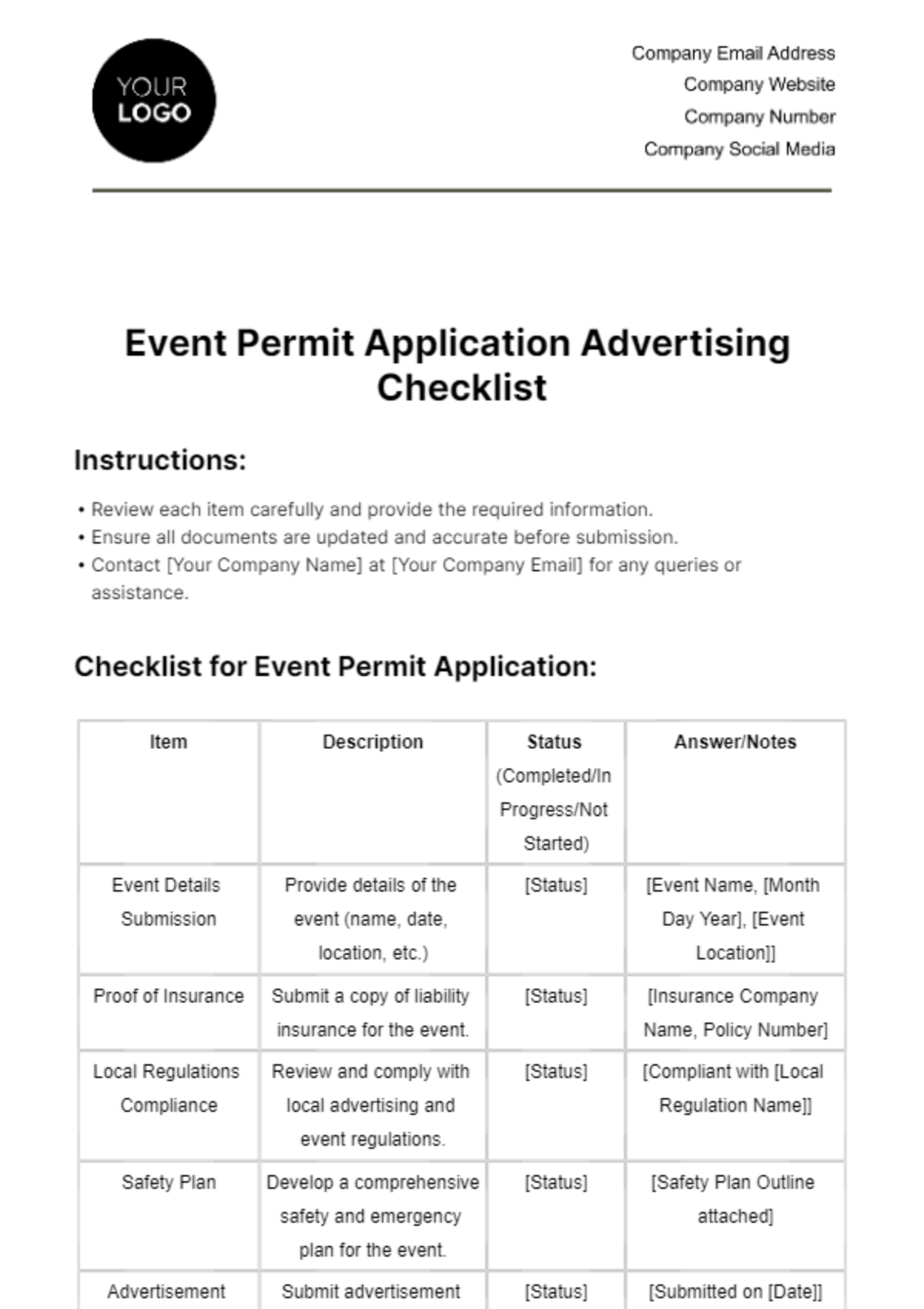 Free Event Permit Application Advertising Checklist Template